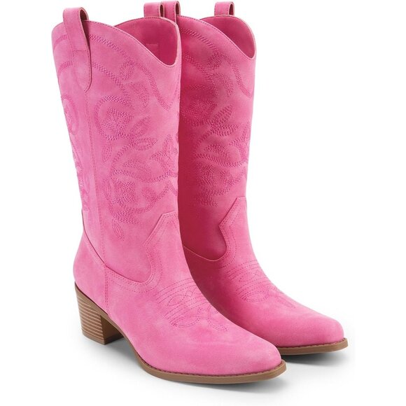 Women's Pink Cowgirl Western Boots Fashion Embroidery Stitched Chunky Heel - Picture 6 of 8